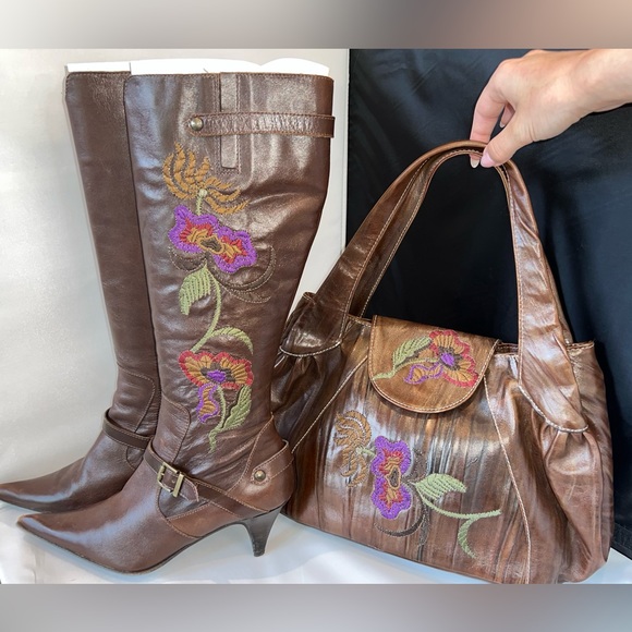 Embroidered brown handbag and boots - Made in Italy - Picture 1 of 4